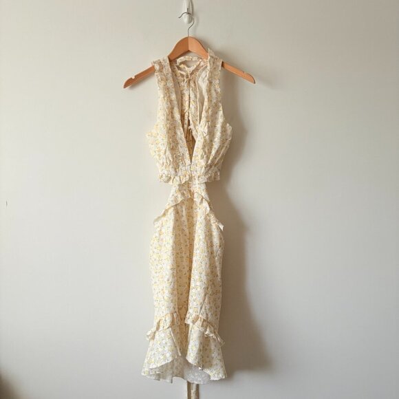 Mable Lexi Eyelet Lace Up Ruffle Cut Out Mini Dress Yellow Floral Size Small - Picture 7 of 12